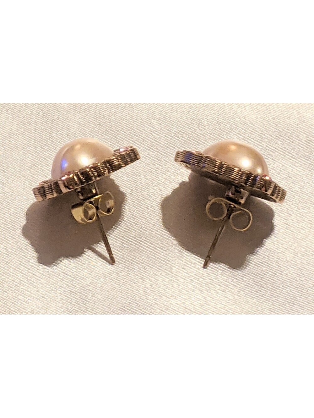 Vintage 1928 Blush Pink Faux Pearl And Pink Rhinestone Earrings Gold Tone - Picture 9 of 9